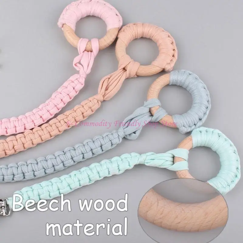 85AE 2 Pcs Baby Braided Pacifier Chain Clip Wooden Ring Teether Set Infant Nipple Dummy Holder Soother Molar Teething Gifts