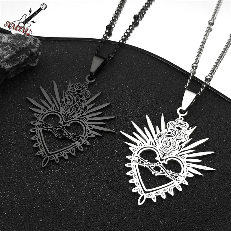 Jesus Sacred Heart Pendant Neckalce For Women Men Stainless Steel Silver Color Hollow Christ Sacred Words Verses Chain Jewelry