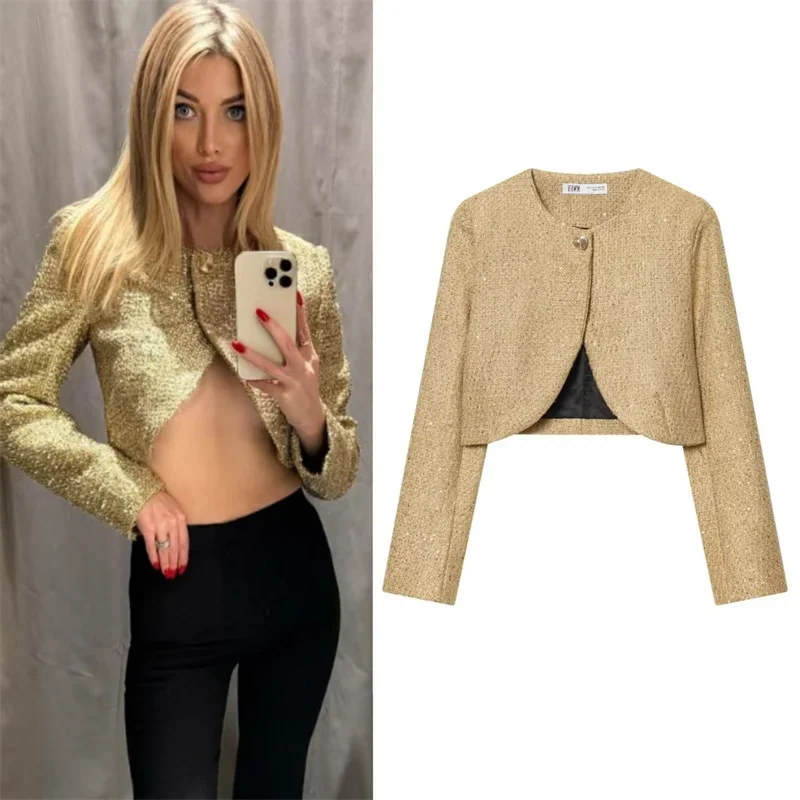 

Женская короткая куртка с металлической проволочной структурой, осеннее пальто с круглым вырезом и длинными рукавами на одной пуговице, повседневные модные женские топы