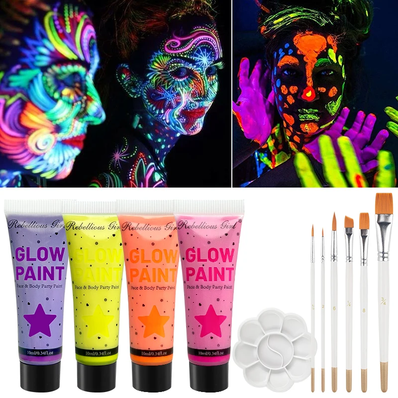 10ml UV Neon Body Paint 4pcs Set with 6 Brushes Colors Palette,Fluorescent Glow Party Makeup,Bright Neon Colors,Safe & Washable