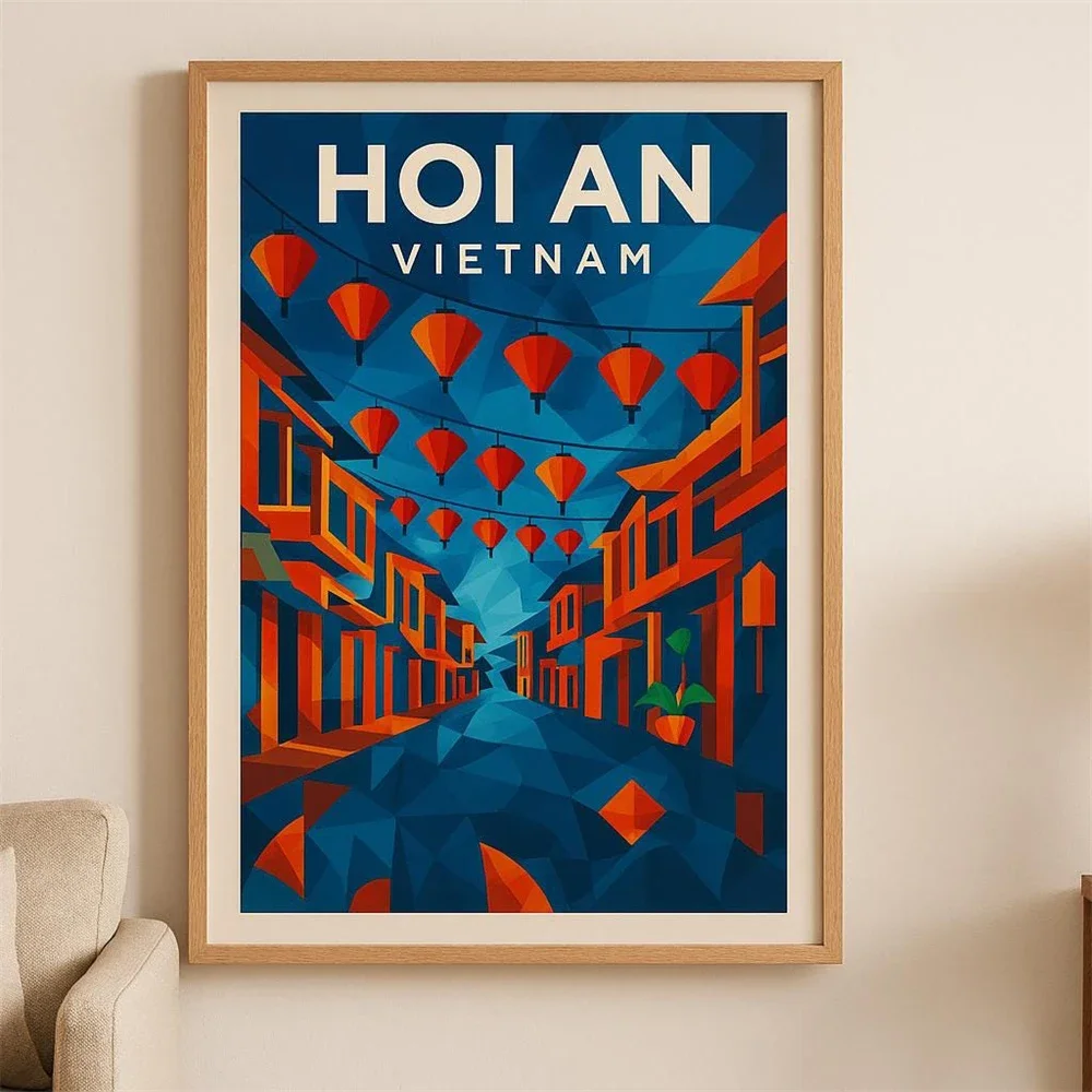 1pc frameless Canvas Painting Hoi An Cubist Travel Poster Vietnam Lantern Wall Art Asian Print Colorful Watercolor Travel Canvas