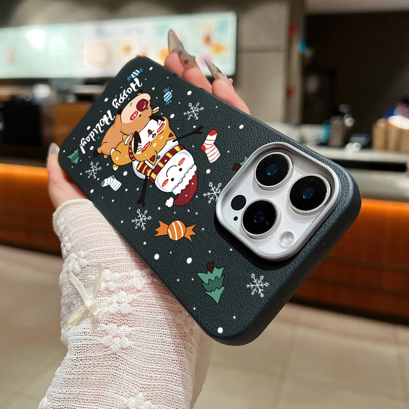 Snowman Elk Deer Christmas Case For iPhone 11 12 13 14 15 Pro Max SE Leather Texture Silicone Cover Coque For iPhone 16 Pro Max