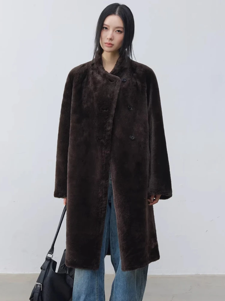 

High-end Luxury Merino Sheep Fur Plush Jackets for Women 2026 New Simple Stand Collar Long Winter Genuine Leather Real Fur Coat
