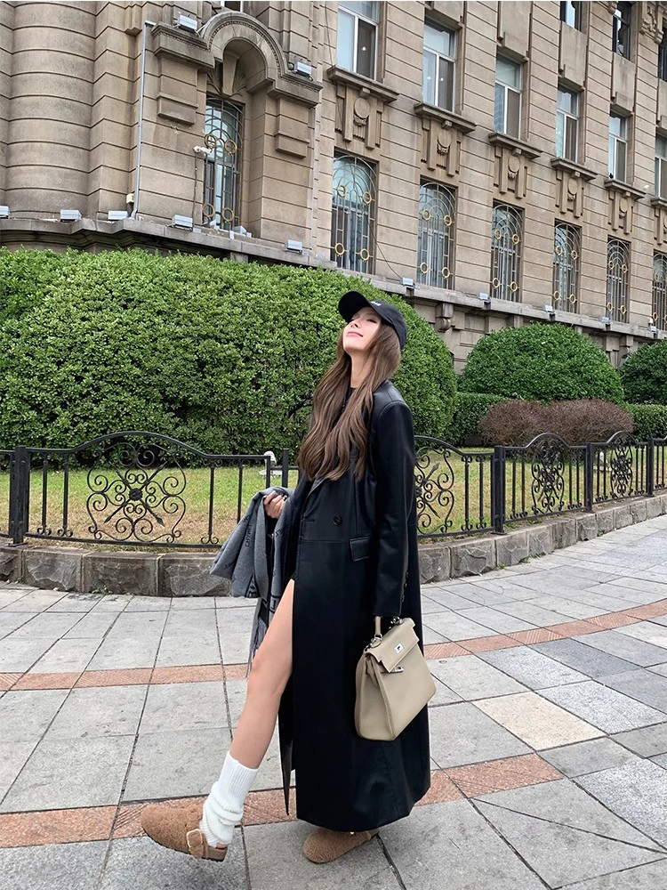 

Nerazzurri Spring Autumn Extra Long Fitted Hard Black Faux Leather Blazer Coat Women Shoulder Pads Luxury Designer Clothes 2025