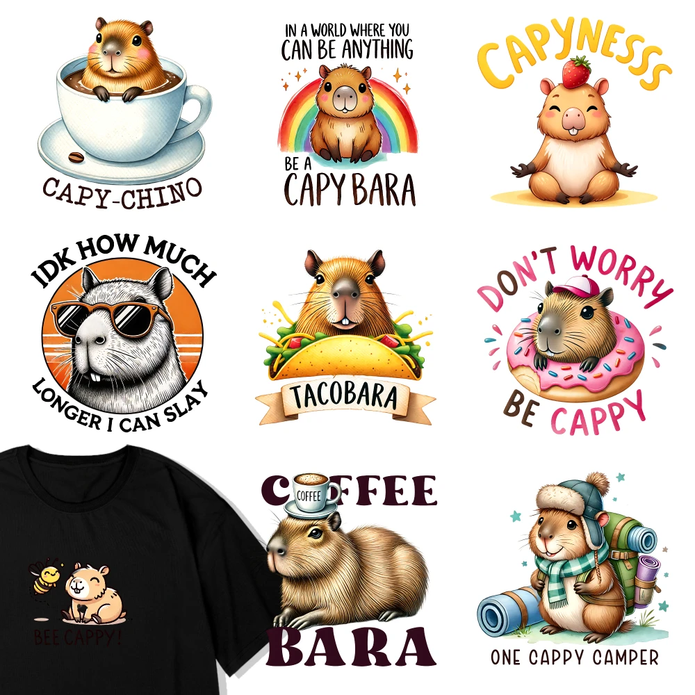 9-Piece Capybara Series DIY Stickers Suitable for Clothing, T-shirts, and Washable Heat Transfer Printing