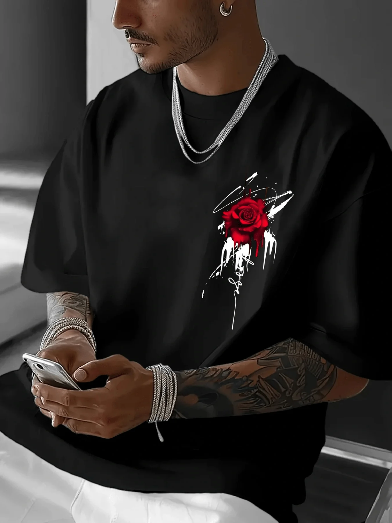 Urban Graffiti Style Tee with Red Rose and Black Ink Drip Graphic on White 100% Cotton Men's T-shirt Summer Casual Wear