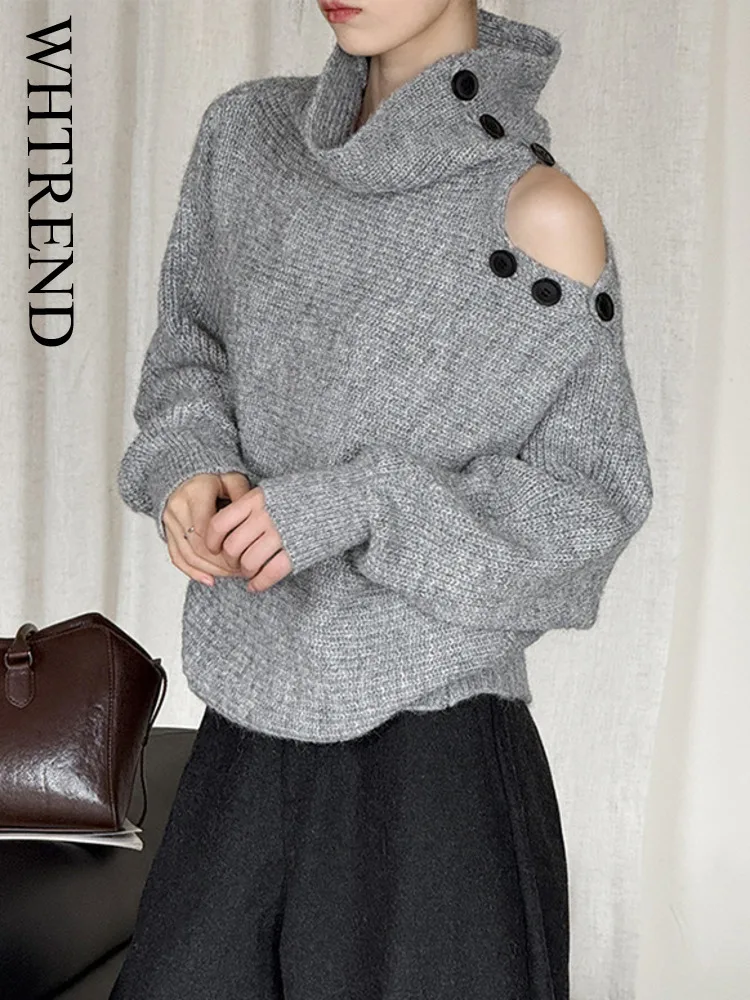 

WHTREND Wool Knitted Sweater High Neck Loose Fit Outerwear Thickened Knit Pullover With Buttons Autumn Winter New WH1853