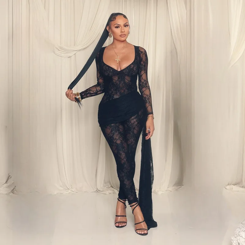Vrouwen See Through Lace Jumpsuits Zijlint Sexy Diepe V-hals Lange Mouw Ruches Booty Lifting Night Clubwear Party Overalls