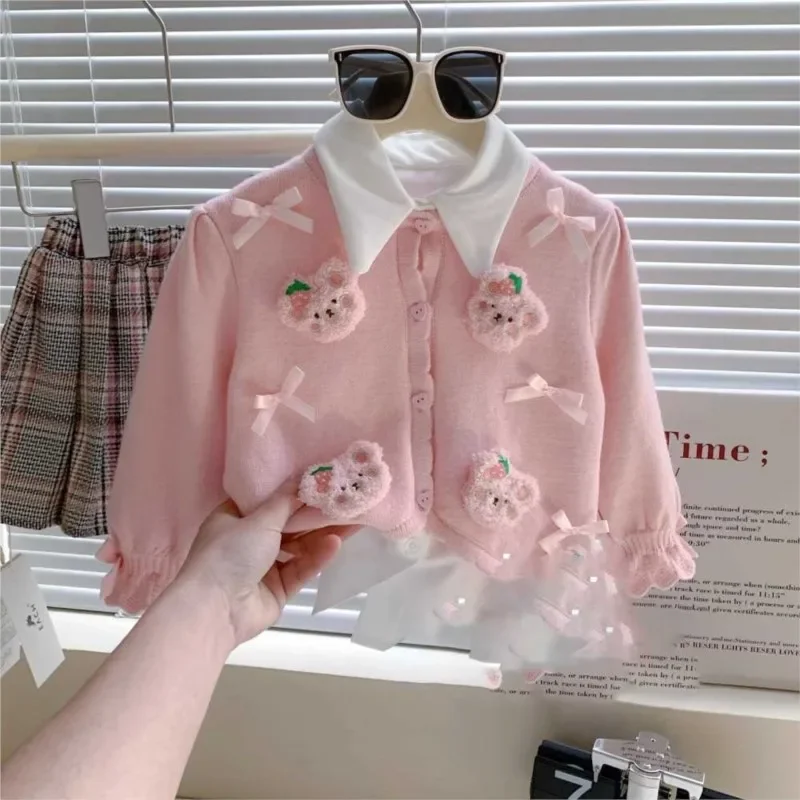 

Baby Girls Cute Bear Knitted Sweaters Cardigan Fashion Girl Kids Velvet Warm Coats Birthday Princess Children Winter Clothes