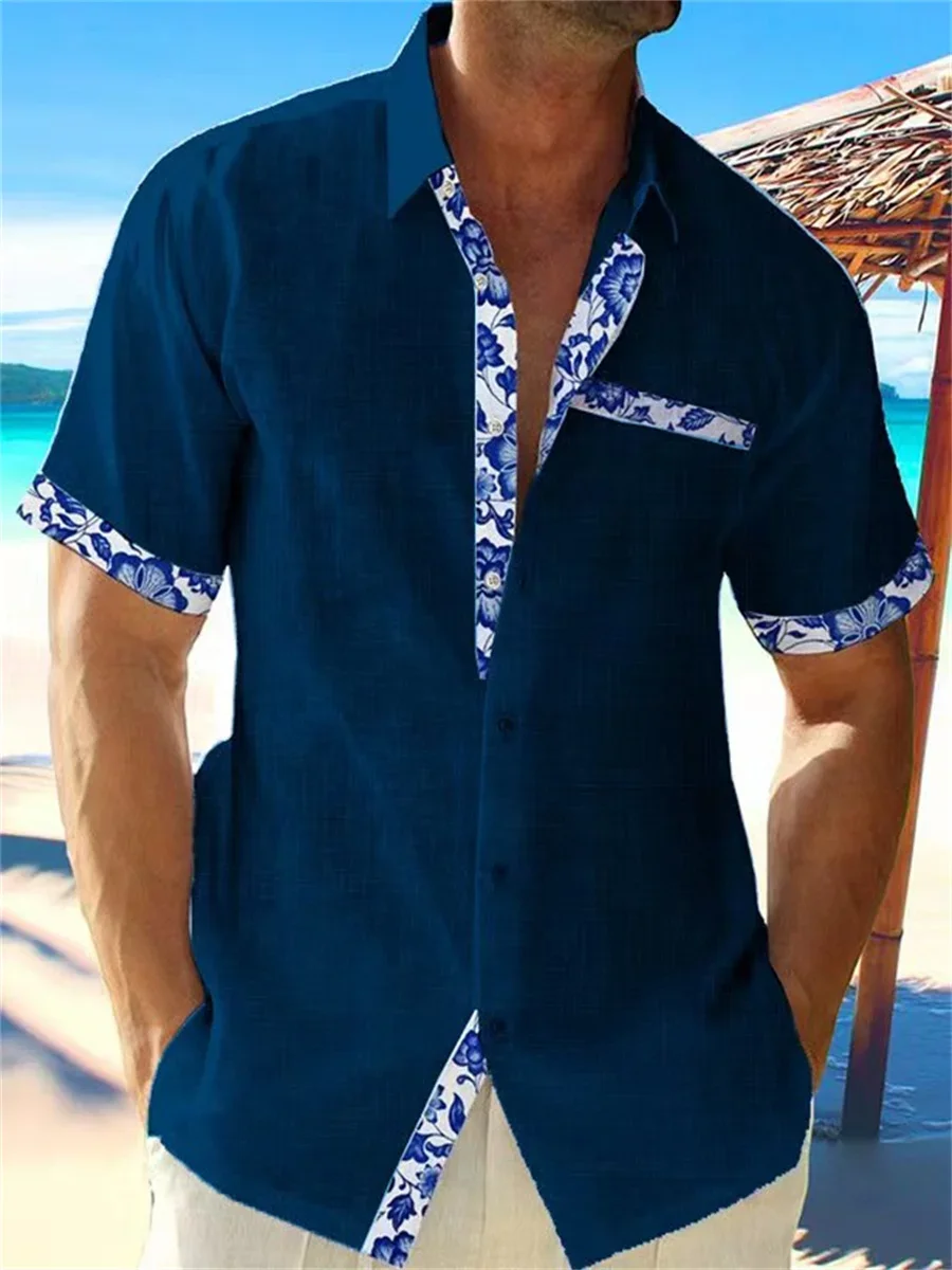 Summer 2024 Fashion Mens Hawaiian Linen Shirts Mens Casual Printed Beach Short Sleeve Oversized Jackets 5 Colors.