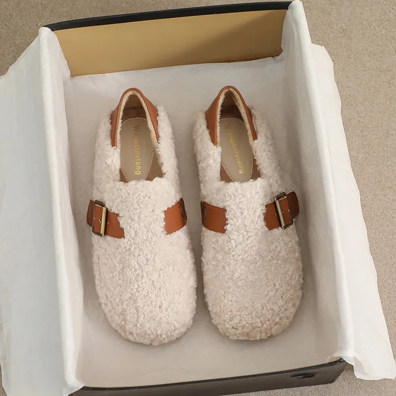 

2025 New Designer Vintage Women Warm Fur Flats Shoes Fashion Shallow Belt Buckle Spring Autumn Ladies Comfort Loafers Shoes
