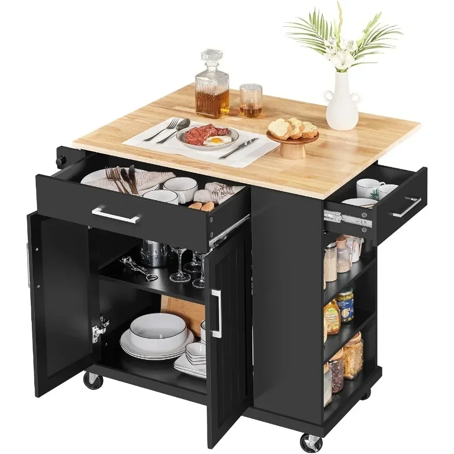 Kitchen Island Cart with Storage, Drop Leaf, Open Shelves