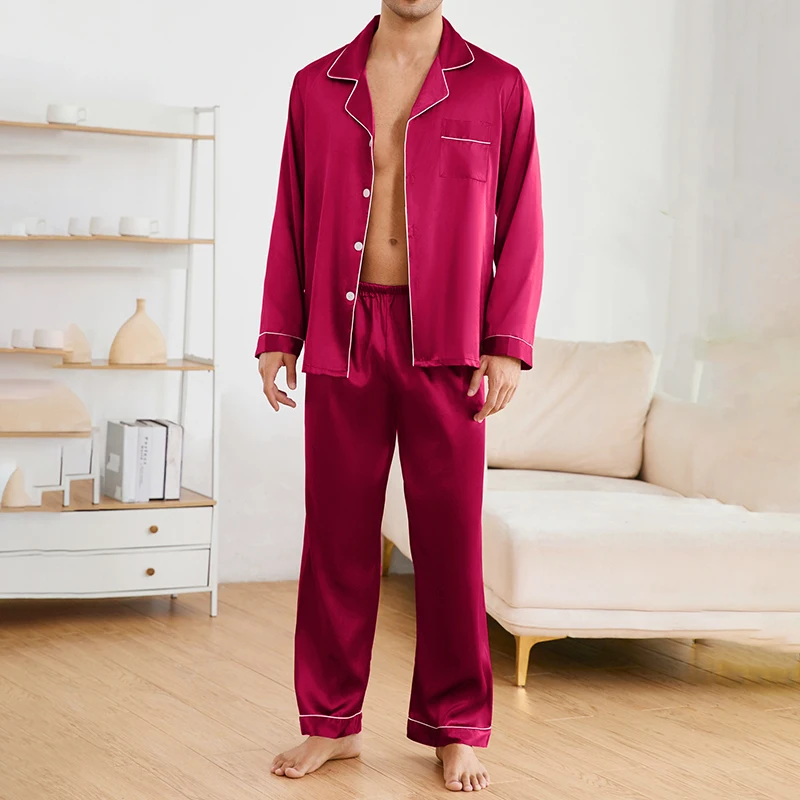 Men's Satin Pajama Set Autumn Lapel Collar Long Sleeve Tops & Pants Sleepwear Button Down Loungewear Home Clothes Pyjama For Man