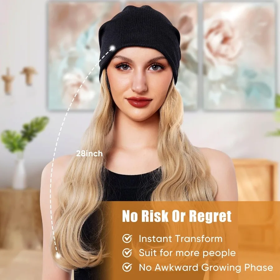 طويل مجعد الشعر الاصطناعية قبعة شعر مستعار محبوك قبعة مع الشعر المرفقة للنساء الأبيض شقراء تأثيري قبعة متموجة قبعة مثالية ل C