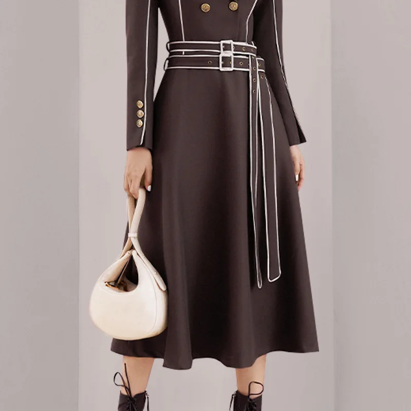 Windbreaker Jacket Long Sleeve Commuter Contrast Color Double Breasted High Waist Slim Long Office Trench Coat