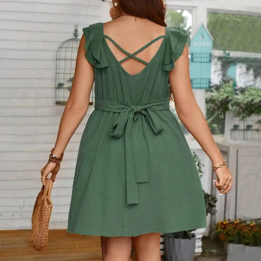 

Fit 2025 New Slim Strap V-neck Pleated Mid Length Dress Slim Fit and Slimming Dress 2025 Party Summer Elegantes Casual Y2k