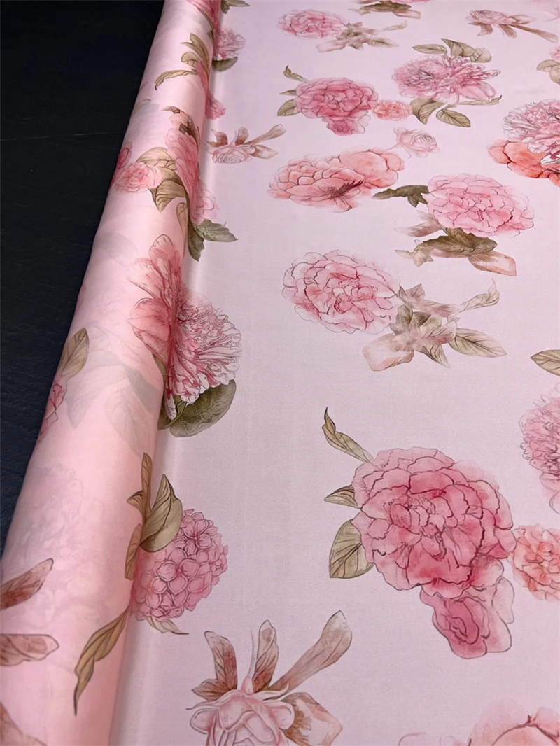 Width 140cm Pink Flower Print Double Qiao Silk High Quality Summer Breathable Clothing DIY Designer Material Natural Silk Fabric