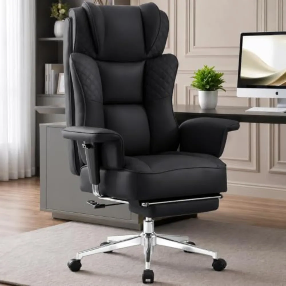 Office Desk Chair, High-Back Big and Tall Leather Chair with Footrest, Ergonomic Reclining Computer Chairs, Comfy