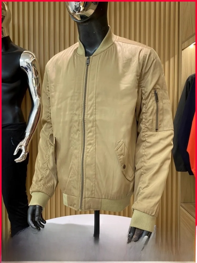 

Faionable Khaki Cotton Blend Zipper Jaet for Men Warm Casual Baseball Sle Couples Matching Long Sve Polyester Filling