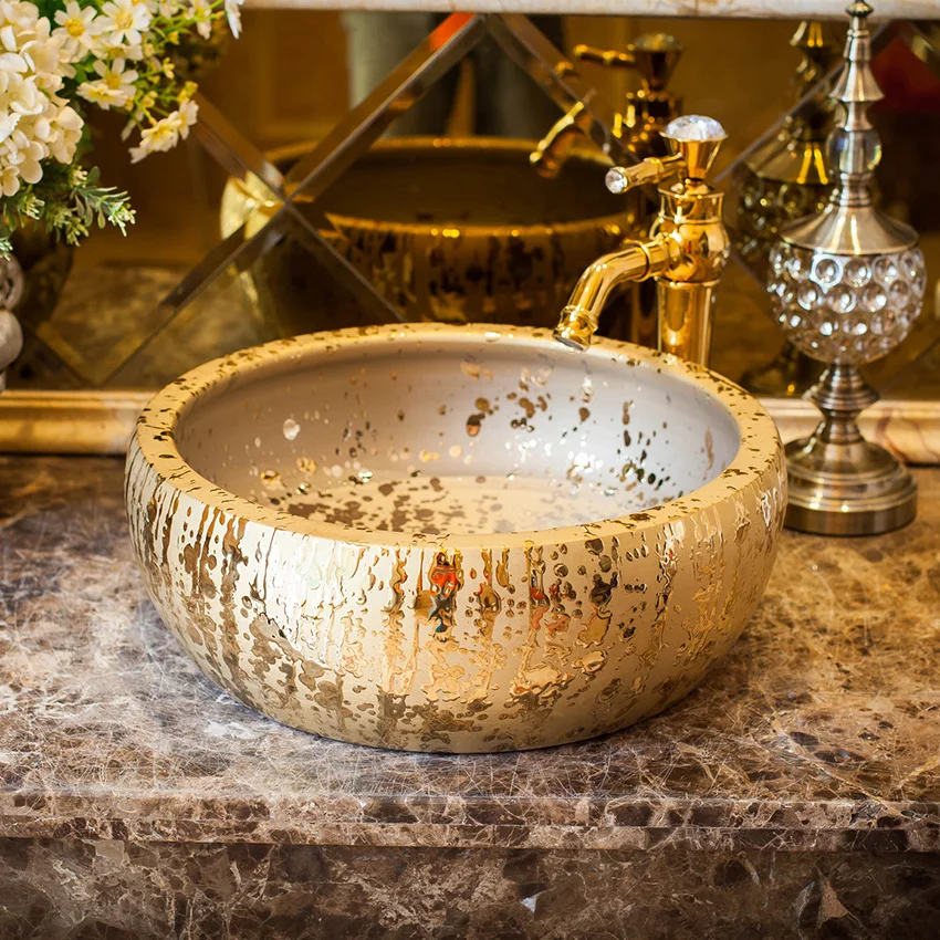 

Ceramic Counter Top Wash Basin Cloakroom Hand Painted Vessel Sink porcelain ceramic wash basin bathroom sink gold