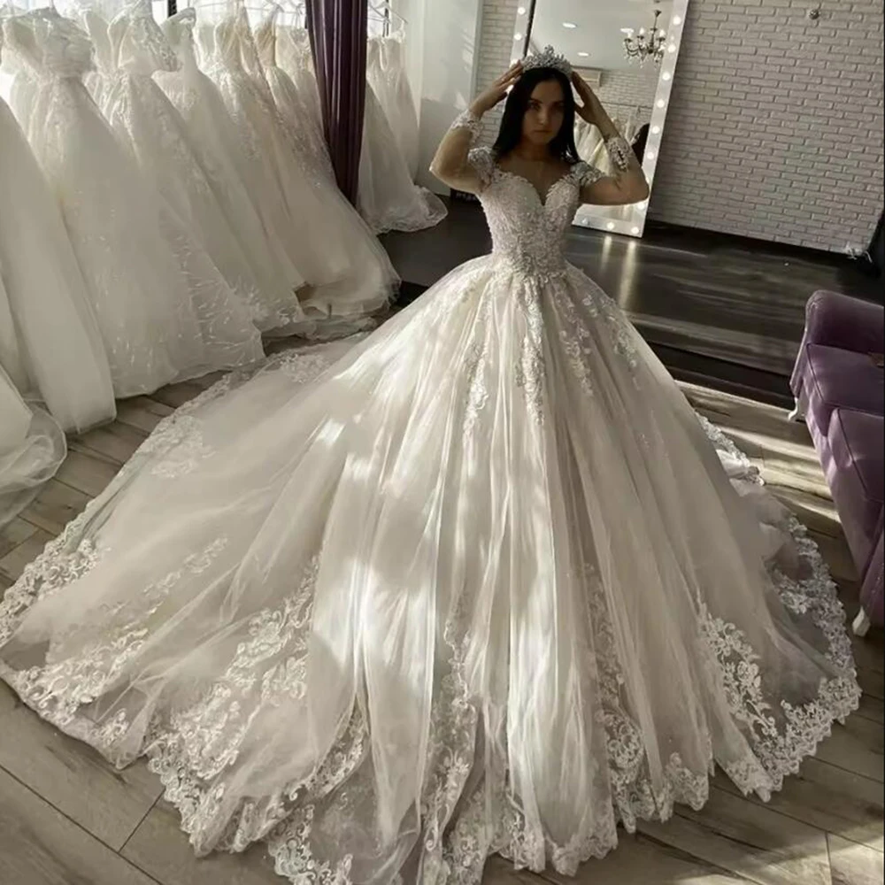 Princesa romântica vestido de baile vestidos de casamento mangas compridas apliques frisado o pescoço vestidos de noiva personalizado vestido de noivado