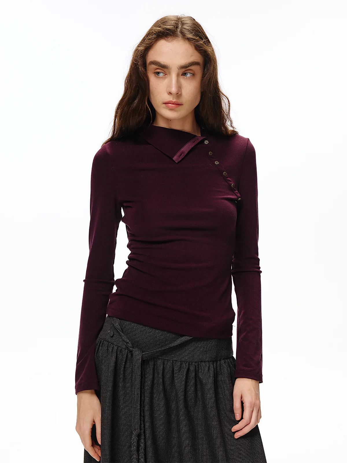 TDDP T-Shirt Women's Long Sleeve Button up Casual Style Standard Fit Spring Design Single Wear Misty Purple Trendy Top