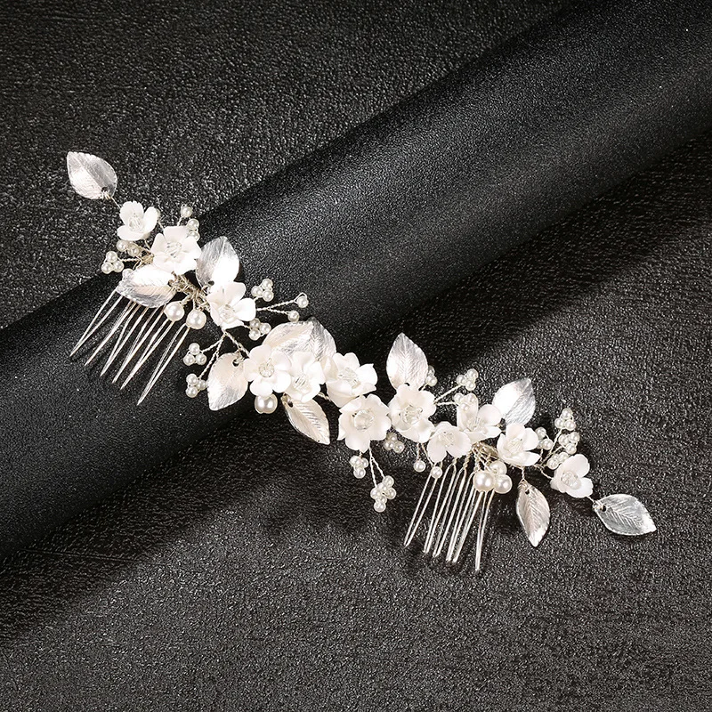 SLBRIDAL Handgefertigter Kristall-Strass-Perlen-Keramikblumen Braut-Haarkamm Hochzeits-Haaraccessoires Brautjungfern Damenschmuck – Detail 2