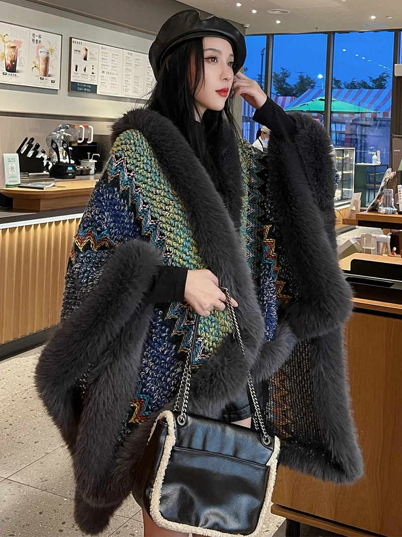 

Novelty Vintage Fluffy Hollow Knit Cape Faux Fox Fur Trims Coat Poncho Women Autumn Winter Colorful Cloak Party Travel Shawl