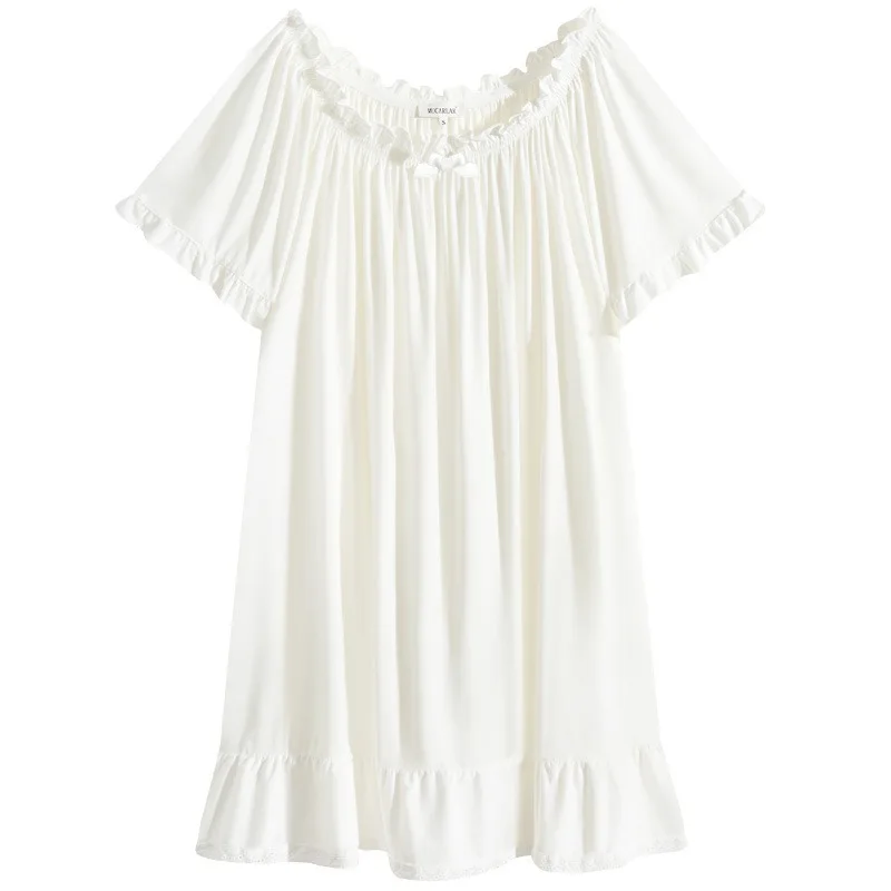 Solid Color Round Neck Women's Summer Pajama Set Short Sleeves Cotton Loose Fit with Large Size Skirt Sweet Princess Style