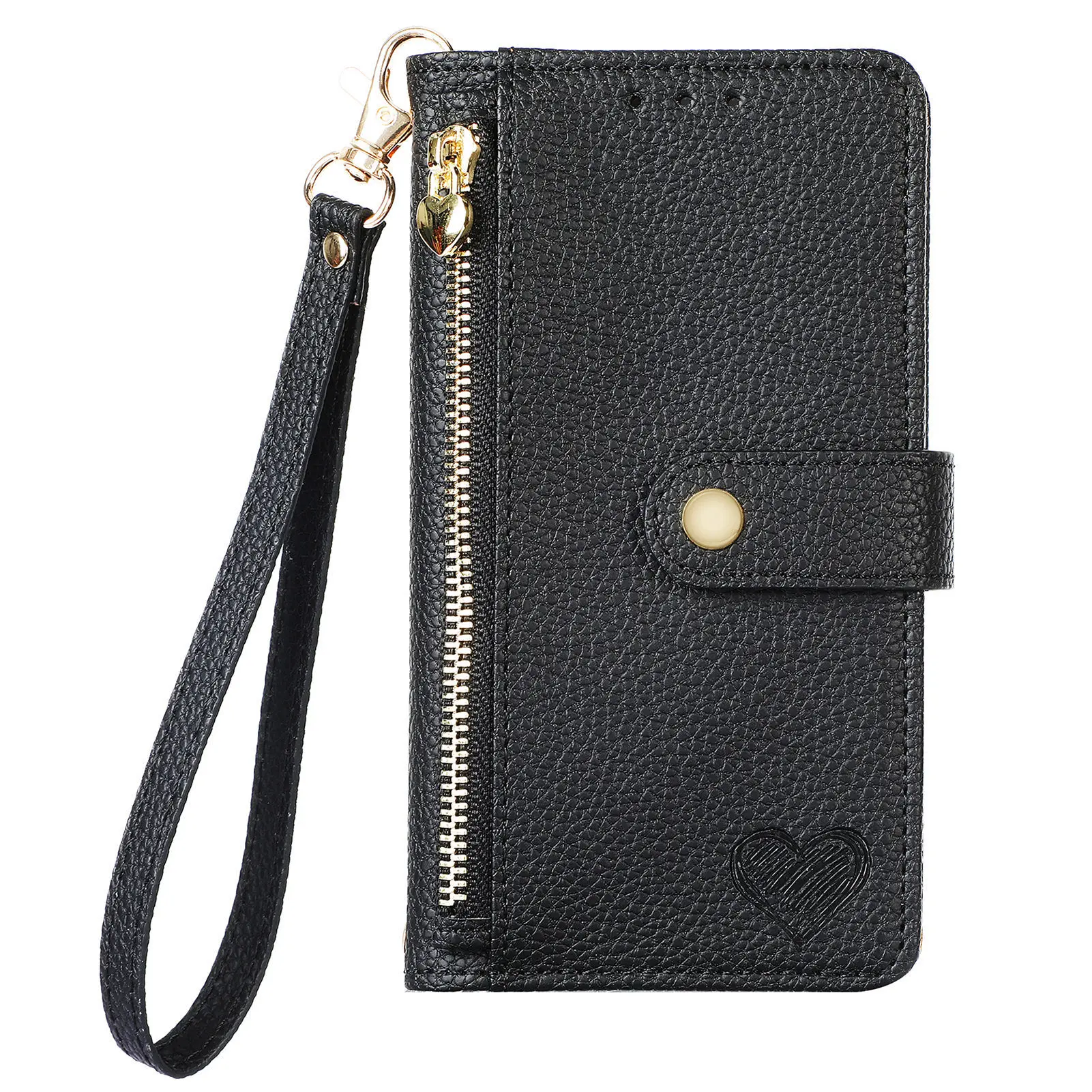 Leather Wallet Flip Case for Motorola Edge 70 60 50 40 30 Fusion Pro Neo 2025 2024 5G Phone Cover Wrist Strap, Heart Emblem view 2
