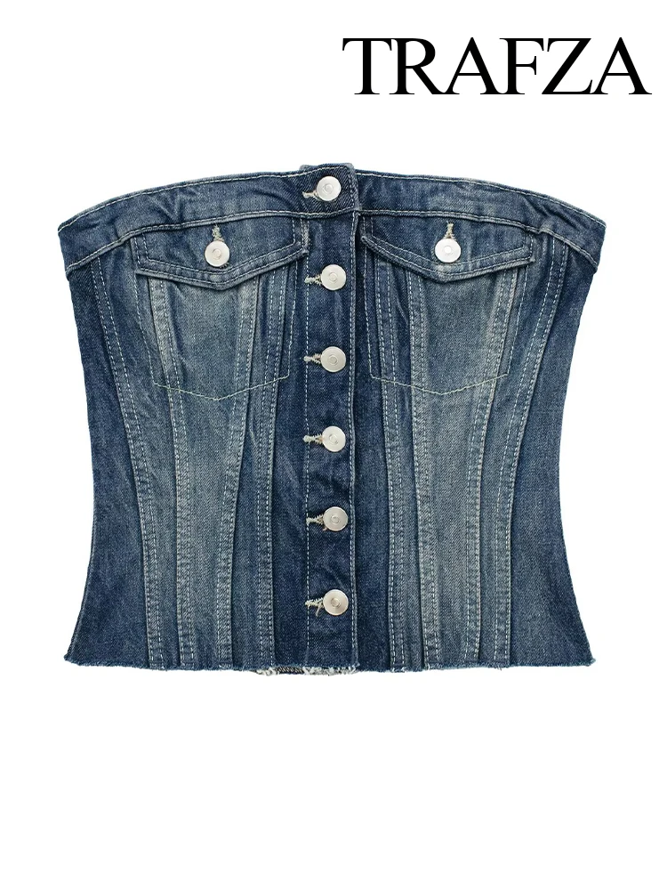 TRAFZA Elegant Fashion Female Sexy Backless Sleeveless Single-Breasted Chic Short Tank Tops Woman Blue Gradient Denim Tops Vest