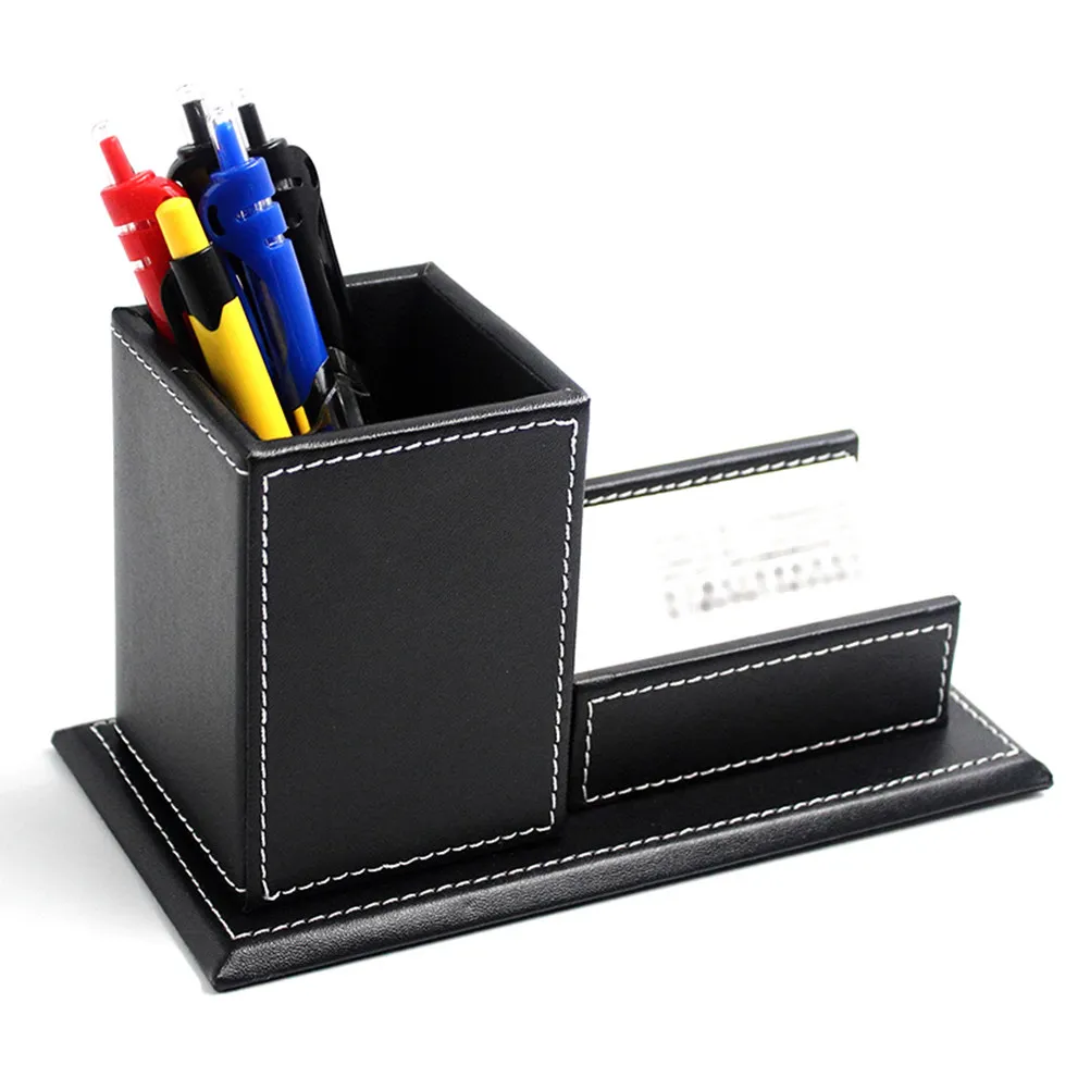 PU Business Pen Holder Black Desktop Organizer Creative Divided Compartments Office Supplies Organizer for Desk Home