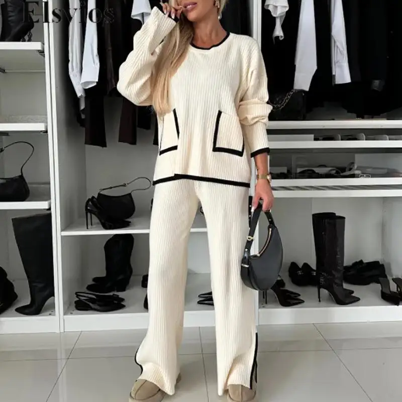 

Women Fashion Contract Color Blouse Tops& Split Pants Set New Solid Loose Knitted Commuter Suit Fall Winter Long Sleeve Outfit