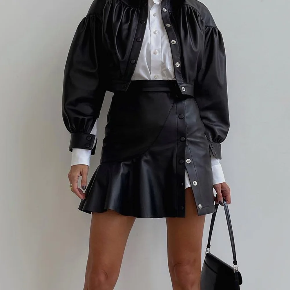 Women Skirts Solid Button Fly Leather Skirt High Waist Vestidos Patchwork High Street Above Knee Mini Dress Pockets Spliced