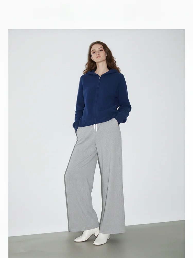 

Синий вязаный кардиган на молнии с капюшоном и брюки в комплекте для женщин: повседневный комплект из смесовой шерсти с длинными рукавами, модный.