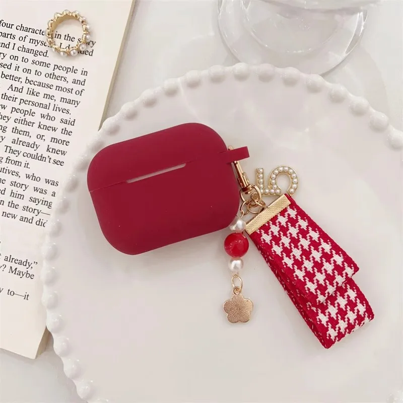 New Pearl Flower Keychain For apple AirPods Pro 2nd Case Cover Wine Red Silicone Earphone Cases For AirPods 1/2/3/4 Headset Box