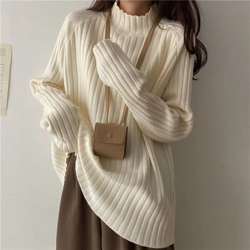 Pullovers Women Half High Collar Simple Japan Style Autumn Sweaters Cozy All-match Classic Students Loose Popular Jumper Femme