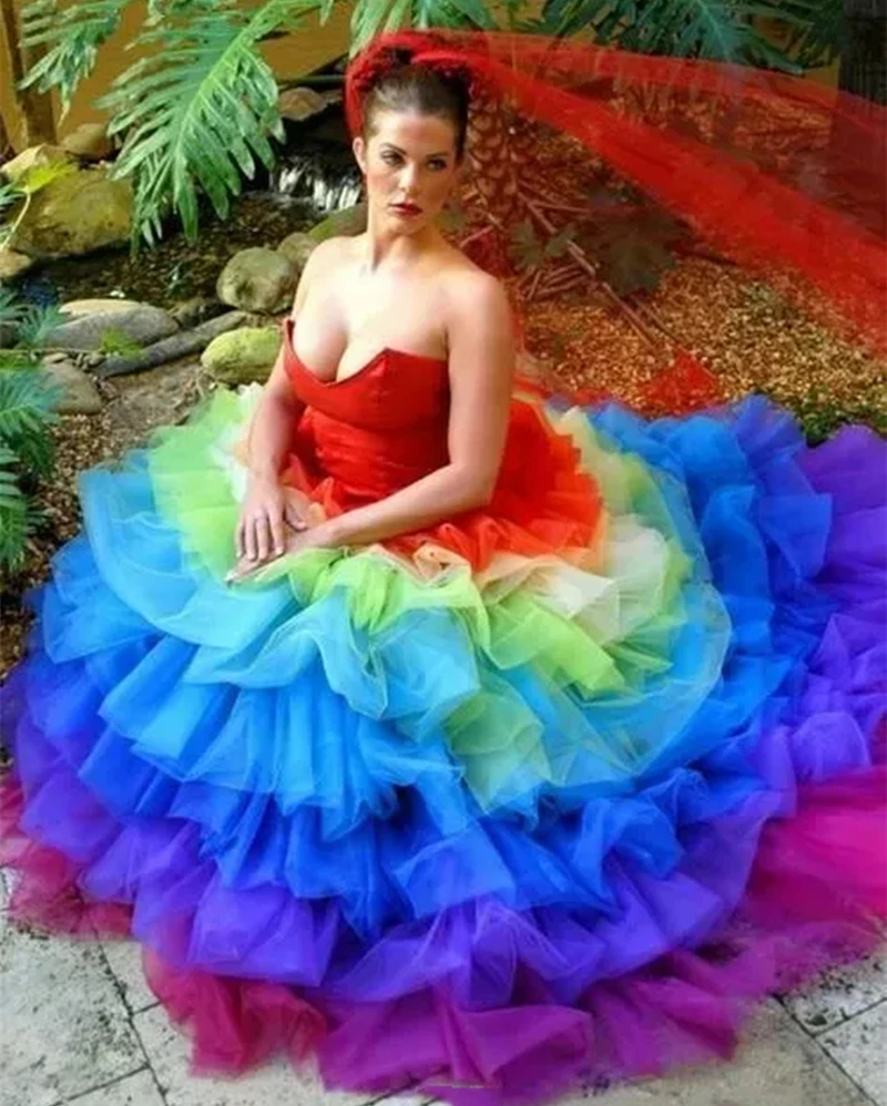 Rainbow Organza Wedding Dresses Tiered Strapless Sweetheart Lace-up Stylish Colorful A Line Bridal Gowns Customized