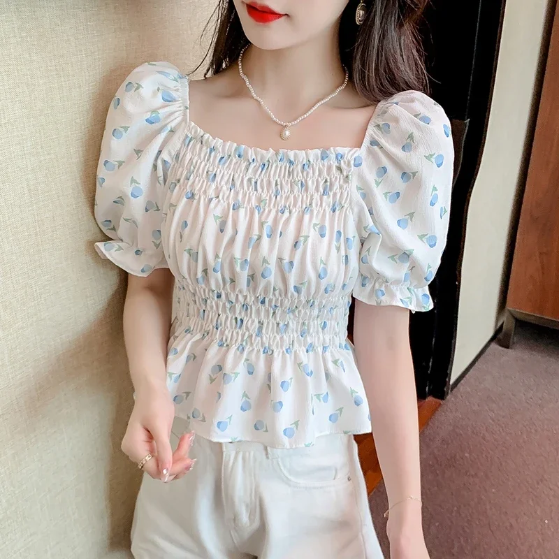 Casual Summer Blouses Women 2024 Fashion Off Shoulder French Printed Blusa Feminina Slim Korean Style Puff Sleeve Tops Mujer XL