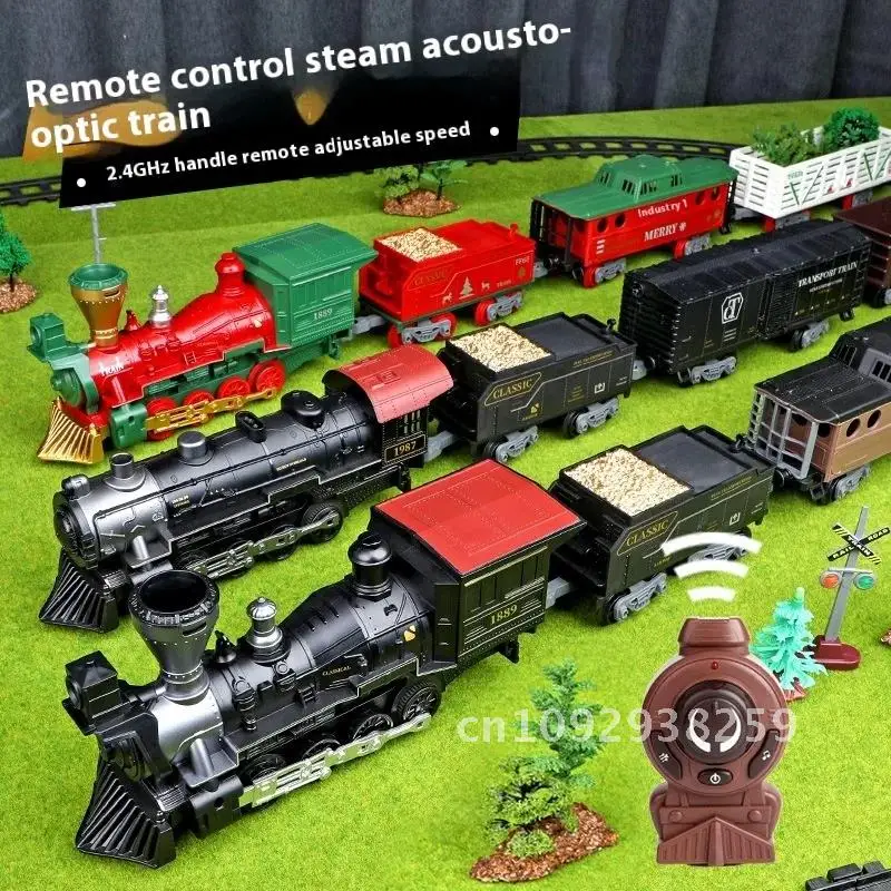 Electric Rail Train for Children Remote Control Smoking Classical Light, Christmas 2.4GHz Sound Steam, and Controller Locomotive