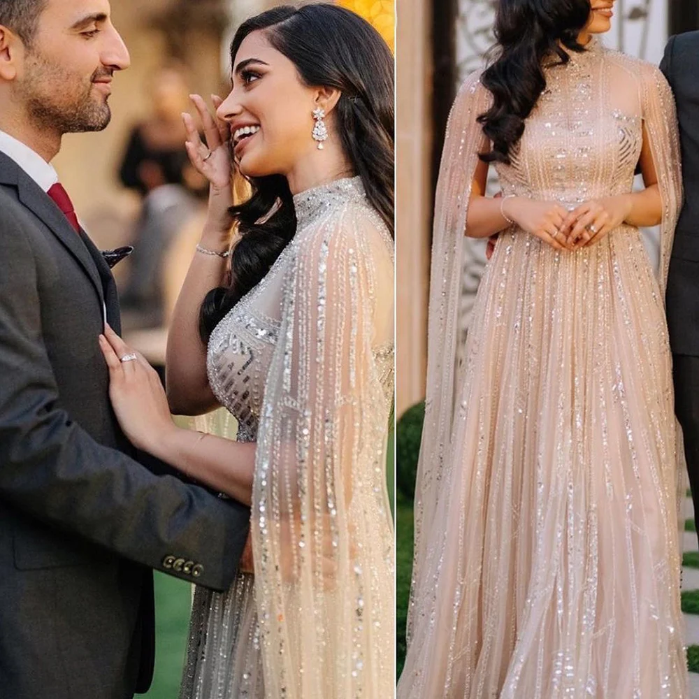 シャロンは言った-女性のためのケープスリーブ、結婚披露宴のためのフォーマルなガウン、灰色とヌード、豪華なドバイ、ss428でカスタマイズされたイブニングドレス