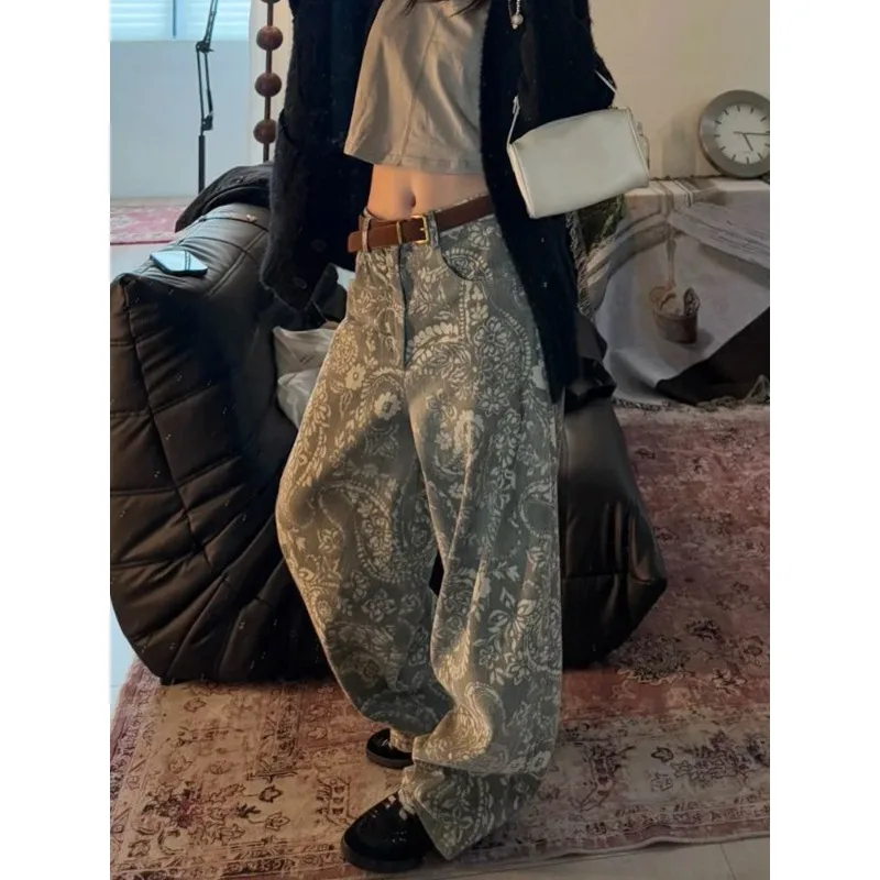 

Американская мода Ретро Свободные джинсы BF Ленивый стиль Женские тяжелые брюки с полным принтом длиной до пола Женская одежда