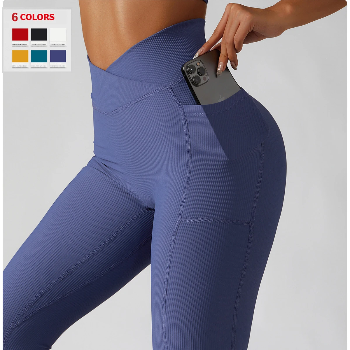 Pantalon de Yoga côtelé de couleur unie pour femmes, Leggings de Fitness taille haute, poches croisées, collants de course Sexy