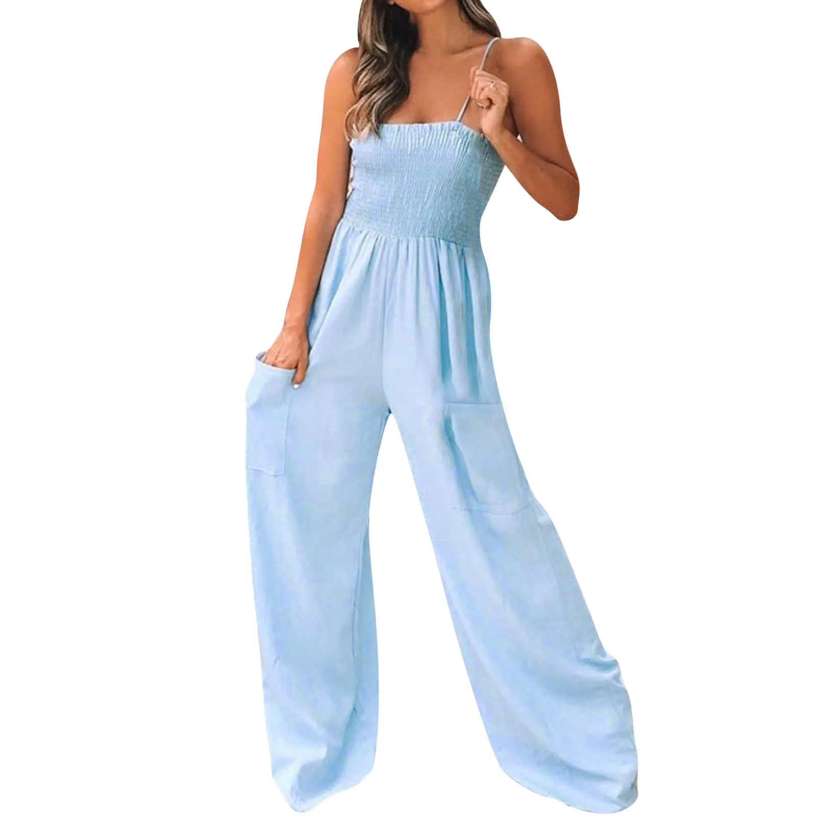 

Women's Jumpsuits Loose Casual Square Collar Sleeveless Adjustable Spaghetti Straps Onesie Wide Leg Pants Overalls Pockets 4