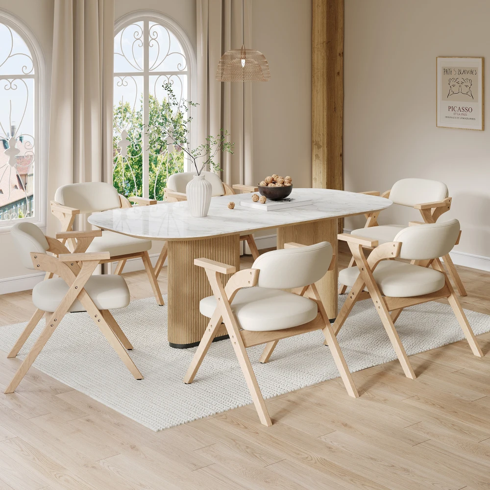Esszimmerstühle, 6er-Set, klappbar, Massivholz-Armlehnstuhl, Leinenbezug, dicke Kissen aus hochdichtem Schaumstoff, platzsparend für Esszimmer, Wohnzimmer, Café, Gesamtgröße 64,5x67,5x76cm, Beige