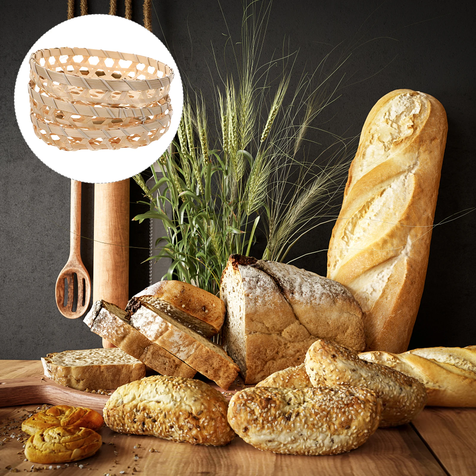 

3pcs Egg Basket Hand Woven Bamboo Round Storage Basket For Kitchen Fruits Bread Vegetables Serving Stackable Lightweight