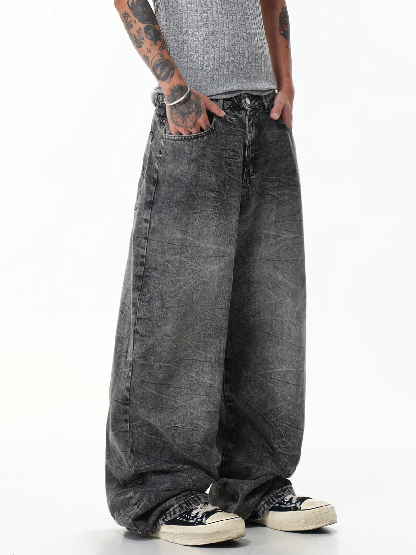 Men's Stylish Y2K Streetwear Jeans,Loose-Fitting Retro Distressed Black And Gray Denim Trousers For Men, Versatile Casual Pants