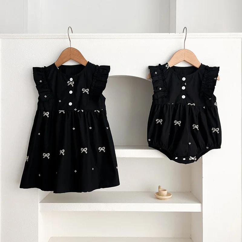 Girls Summer Dress with Bow Knot Princess Skirt Baby Vest Skirt Crawling Suit Infant Bottom Covering Clothes Sister Outfit