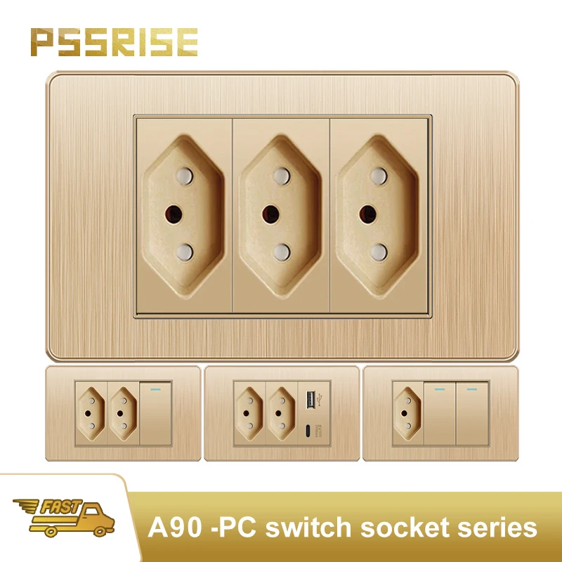 

PSSRISE Gold Fireproof PC Brushed Switzerlan Brazil Standard Socket Double USB 20W Type C Wall Power Outlet Light Switch 10A 20A