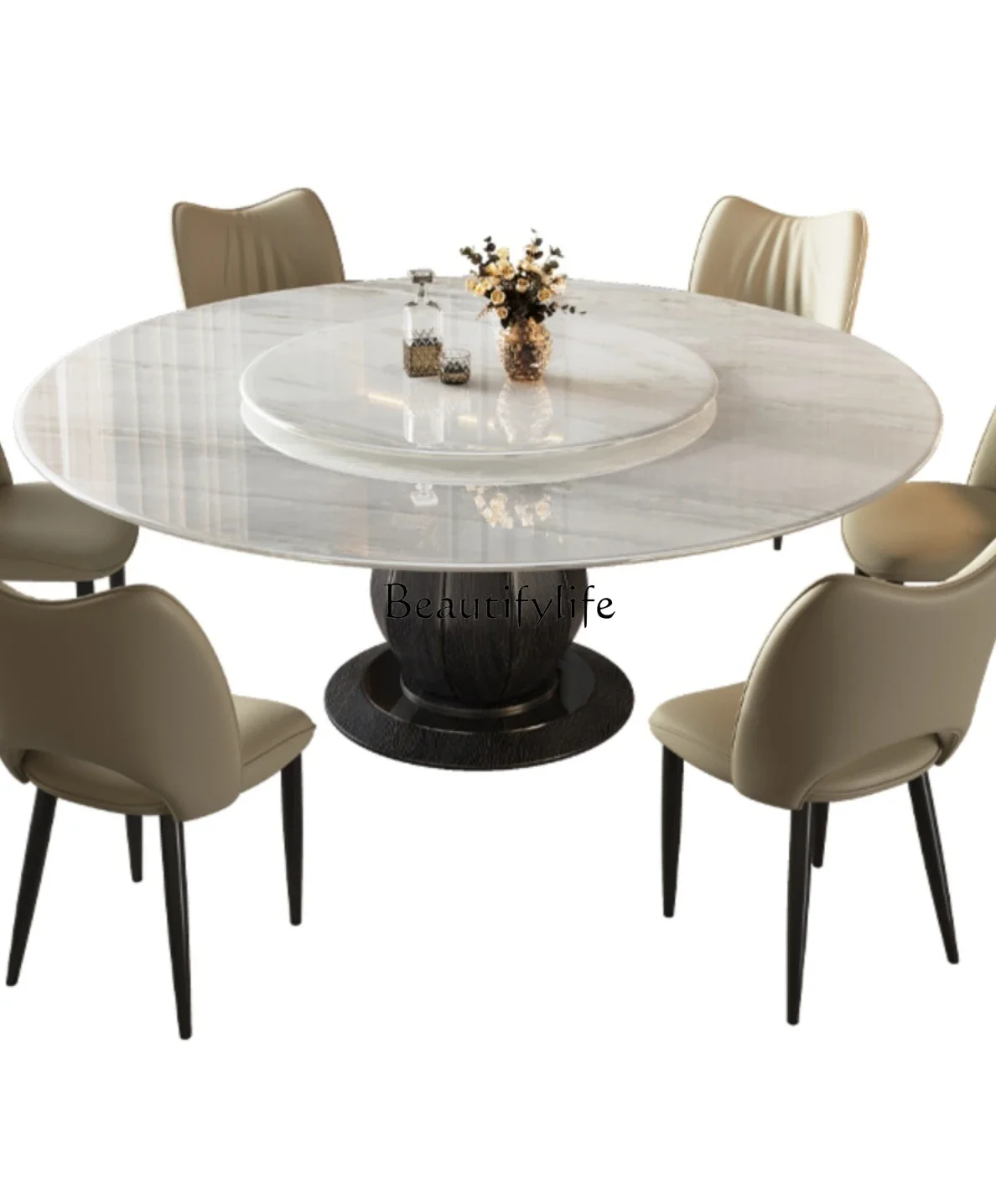 

FG44Natural Marble Dining Table and Chair Assemblage Zone Turntable Solid Wood round
